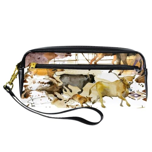 Trousse à crayons, cowboy tribal et cheval en cours d'exécution, pochette en cuir synthétique avec fermeture éclair pour garçons et filles, fournitures scolaires et de bureau