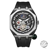 DAXIAOYU Tourbillon Hollowed Out Retro Carved Dial Creative Octagonal Case Men's Comfortable Silicone Strap Waterproof Luminous Fashion Sports Moonphase Mechanical Watch (Black)