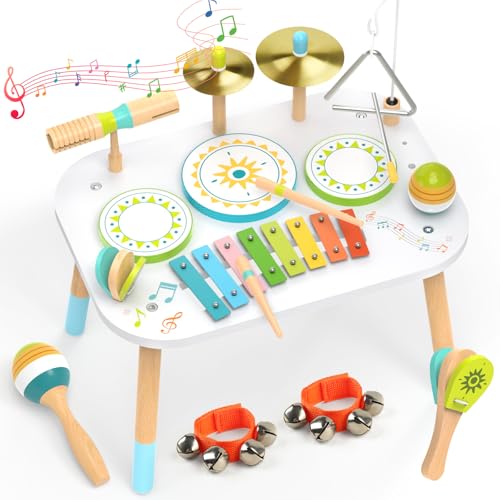 12-en-1 Batterie Enfants 1-3 Ans, Table d’Instruments de Musique Bébé, Jouets Bois Montessori...