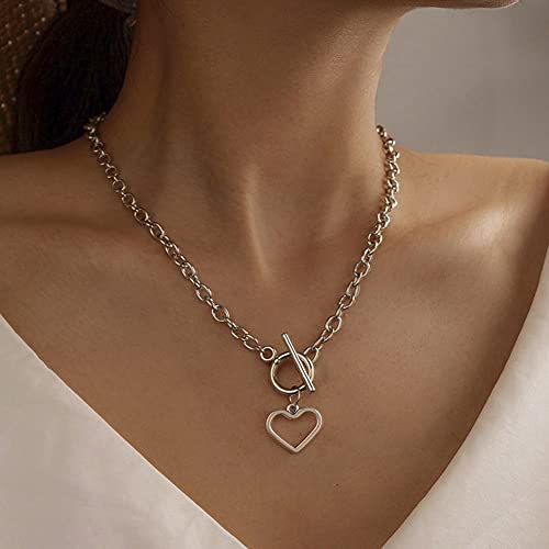 Heart Pendant Choker Necklace Silver Stainless Steel Toggle Necklaces Cable Chain for Women3