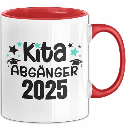 Kita Abgänger 2025 Schulstart Tasse Geschenk Jungen Mädchen Einschulung Schulanfang Erster Schultag (Rot)