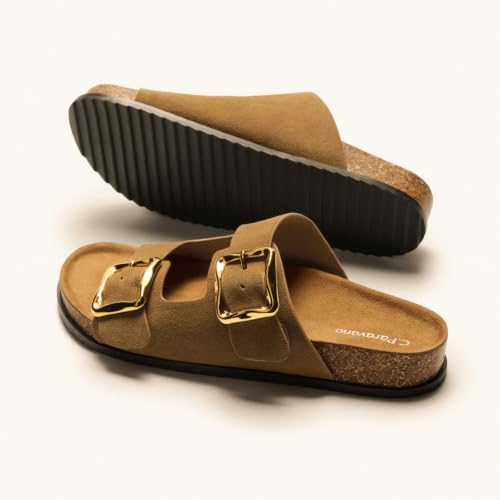 Image of C.Paravano Women Suede Leather Slide Sandal Slip on Wide Width Arch Support | Flat feet friendly, Contoured cushioned footbed, Wide-foot friendly, Great for walking, Adjustable metal buckle, Beach sandal