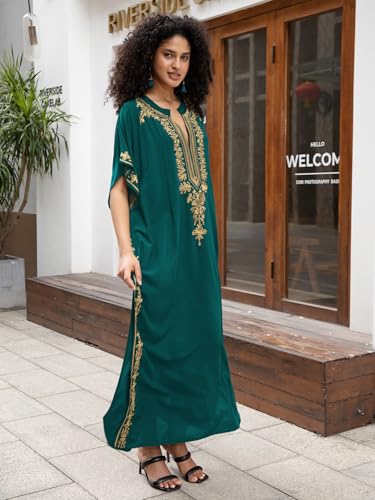 Image of KECVOT Kaftan Dresses for Women Embroidered Short Sleeve V-Neck Plus Size Caftan Bikini Swimsuit Cover-Up Long Beach Dress