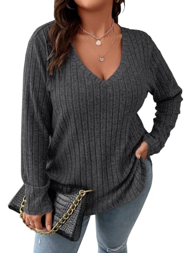 Image of Koscacy Women Plus Size Casual Knit Sweater V Neck Solid Color Tops Lightweight Long Sleeve Blouses