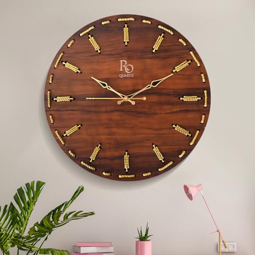 Image of Wooden Round Shape Wall Clock with Golden Hands & Golden Zari Rope Detailing | Handcrafted Silent Quartz Movement Anti Reflection Analog Vintage Clock for Home, Office (Brown, 15.5 Inch)