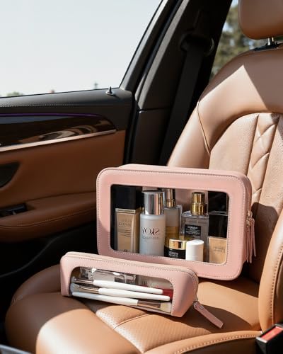 Image of LETGO 2Pack Clear Makeup Bags Set, Clear Pencil Case Pouch,Portable Leather Travel Toiletry Bag Pink Car Accessories for Women
