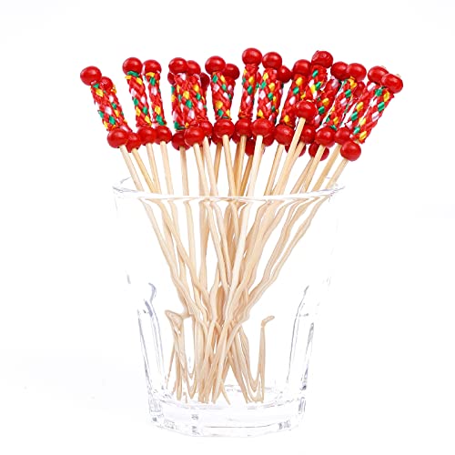 Putwo Cocktail Picks Handmade Toothpicks 4.7” 100Ct Red Beads With Rope #TOP5