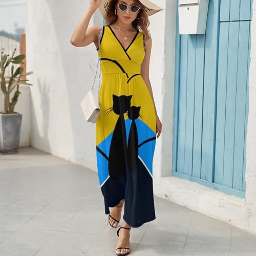 Robe maxi col V décontractée style bohème chic avec imprimé chats - 5