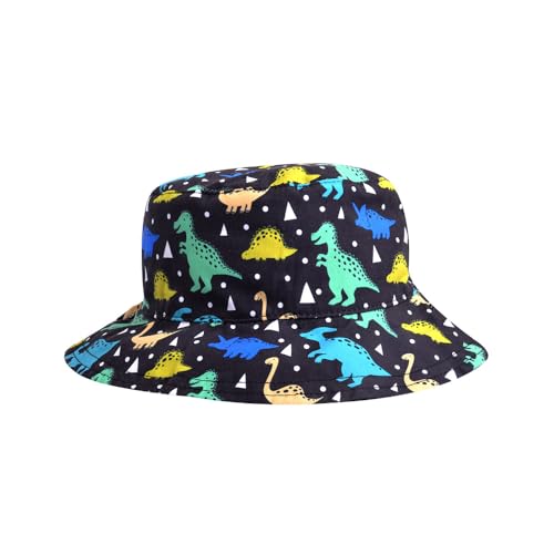 Reversible Bucket hat Collection for Toddler and Kids UPF 50+ Wide Brim Adjustable hat (Size M/L) (US, Alpha, Large, Dino/Black)