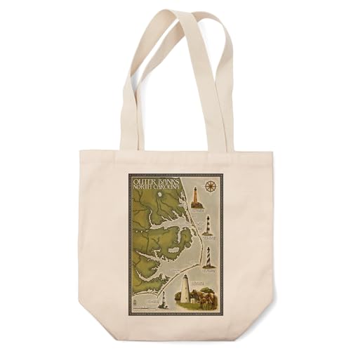 Lantern Press Outer Banks, North Carolina, Lighthouse and Town Map (100% Cotton Canvas Reusable Tote Bag)