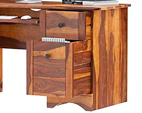 Image of Heer Handicraft Simple Office Computer Table with Three Drawer & Single Door Cabinet with Legs & Keyboard Tray Support in Natural Honey in Matte Polished Finish, Material: Sheesham Wood