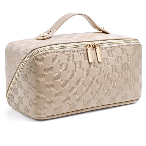 Large Capacity Travel Cosmetic Bag - Open Flat Makeup Bags for Women Waterproof PU Leather Checkered Makeup Organizer Bag,Toiletry Bag for Cosmetics, Portable Make up Bag for Travel Essentials, Khaki