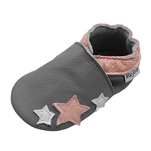 Mejale Baby Jungen Mädchen Schuhe Gummi und weiche Sohle, Kleinkind Kleinkind Rampant Mokassins aus Leder, rutschfest, für Neugeborene Mini Kinder, Sterne in Rosa, Hellgrau, 12-18 mois Cover
