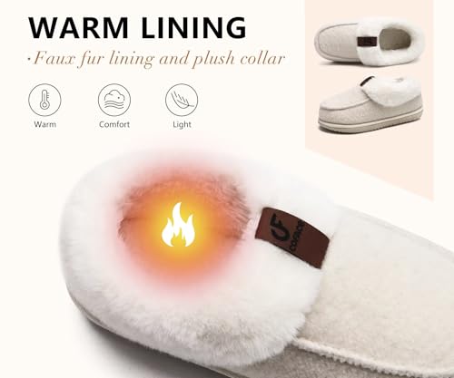 COFACE Women's Arch Support Memory Foam House Slippers Ladies Warm Fuzzy Faux Fur Collar Winter Moccasin Shoes with Orthotic Plantar Fasciitis Indoor Outdoor Hard Rubber Sole Beige Size 54