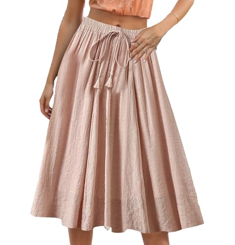 IVERIRMIN Women’s Cotton Linen Pleated Midi Skirt Casual Summer Loose Fit Drawstring Elastic High Waist Layer Skirts