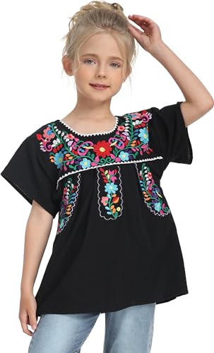 Image of YZXDORWJ Mexican Blouse for Girls Traditional Embroidered Summer Short Sleeve Peasant Blouse for Kids