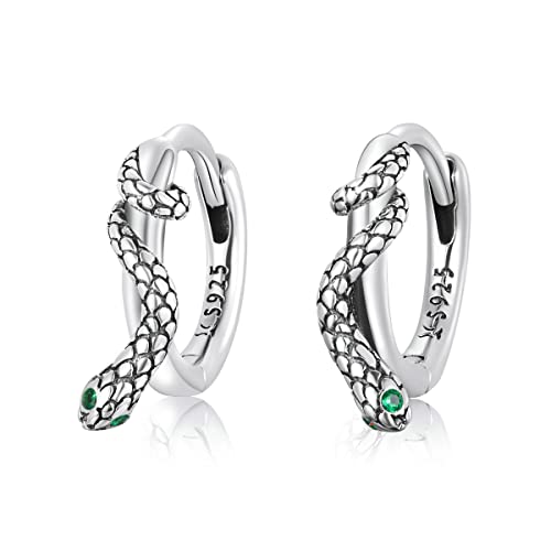 Punk Snake Sleeper Small Hoop Earrings 925 Sterling Silver Cool Animal Green Crystal Cz Eye Cartilage Tragus Earring Round Huggie Hoops 10Mm Statement Earring Studs Fashion Jewelry Gifts For Women Girls Hypoallergenic #TOP13