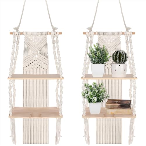 Barydat 2 Pack Macrame Wall Hanging Shelf 2 Tier Handmade Boho Hanging Wall Shelf Floating Woven Rope Decorative Storage Racks Holder Organizer for Home Bedroom Bathroom Plants, Beige (Classic)