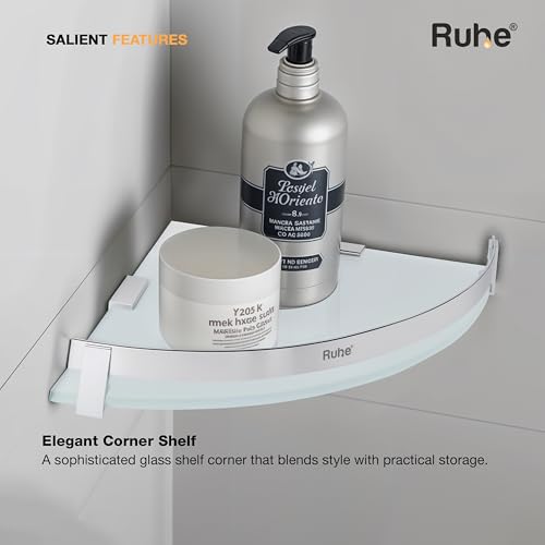 Image of Ruhe Premium Vetra Bathroom Glass Shelf Corner | Multipurpose Wall Mounted Shelves Rack for Kitchen /Living Room - Bathroom Accessories 12 x 12 inches (Chrome Finish)