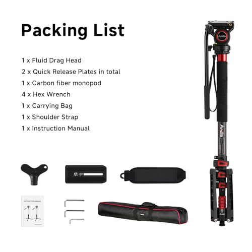 Avella CD324 Carbon Fiber Video Monopod Kit, with Fluid Head and Removable feet, 71 Inch Max Load 13.2 LB for Canon Nikon Sony Olympus Panasonic DSLR Camera