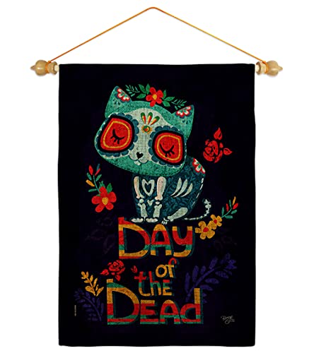 Breeze Decor Skull Cat Burlap Garden Flag Set Wood Dowel Fall Day of Dead Dia De Los Muertos Fiesta Mexican Party Autumntime House Decoration Banner Small Yard Gift Double-Sided, Made in USA