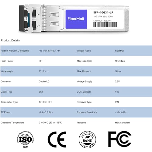 Image of SFP+ 10G LR Optical Transceiver Module Compatible with Fortinet Network FN-Tran-SFP-LR 10GBASE-LR SFP+ 1310nm 10km DDM Duplex LC SMF 4 Pack