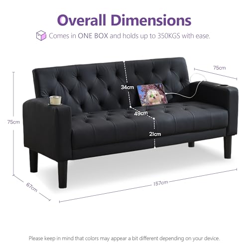 GRAVFORCE Sofa 2 Seats 157cm Comfy Small Sofa with 2 USB 2 Cup Holders Upholstered Couch Loveseat Sofas for Living Room Bedroom Office Black