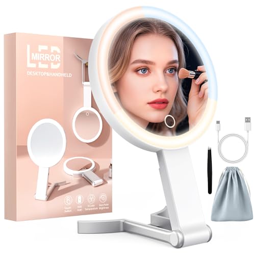 Travel Makeup Mirror with 3 Color Lights, 15X/1X Double Sided Lighted Magnifying Mirror, Portable Handheld Mirror, 3 in 1 Tabletop/Handheld/Hanging, Ideal Gift for Women in Home, Office, Trip, White