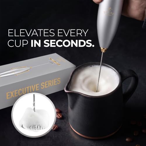 Image of Zulay Kitchen Powerful Milk Frother Wand With Duracell Batteries - Ultra Fast Handheld Drink Mixer - Electric Whisk Foam Maker for Coffee, Lattes, Cappuccino & Matcha - Z1 Motor - Exec Silver Gold