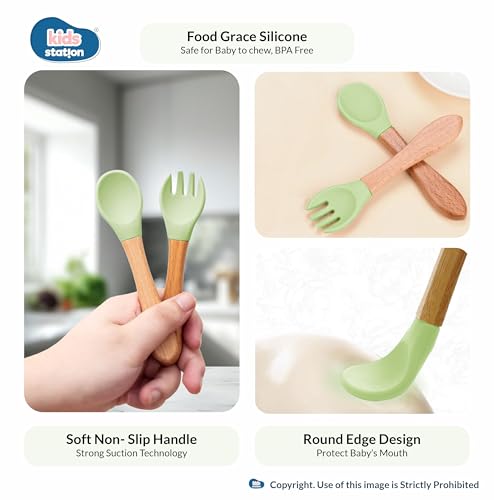 Image of Kids Station Whale Design 8-Piece Silicone Feeding Set for Babies | BPA-Free, Suction Bowl, Plate, Spoon, Fork, Bib, Cup & Straw - Dishwasher Safe | Ideal for Infants & Toddlers (Pack of 8, Green)