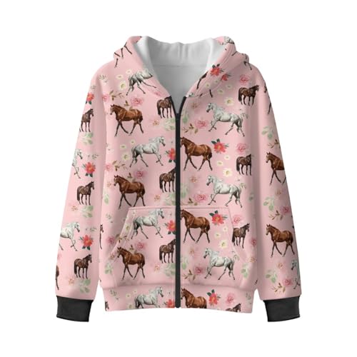 Renewold Pink Floral Horse Fashion Hoodie Boys Girls Hooded Zip Up Fleece Sweatshirt Athletic Jacket Coat with Pockets Elastic Cuffs Kids Teens Outerwear for Golf Running Yoga Casual Sport 8-10 Years