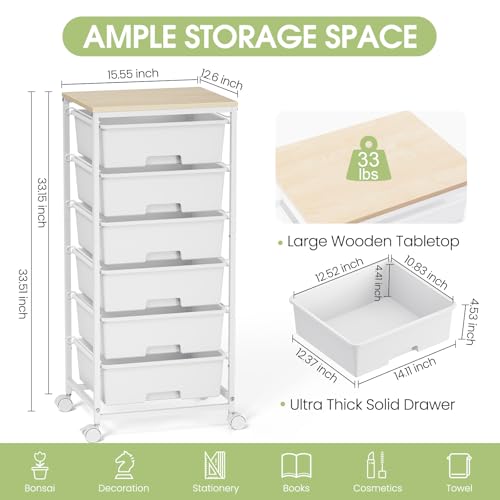 Miniatura 3 de Carro Con Ruedas De 6 Cajones Con Placa De Madera - Fuerte Contenedor Con Ruedas De Plástico, Carrito De Almacenamiento Móvil Para Oficina, Habitación Infantil Y Sala De Manualidades - Carro De Baño