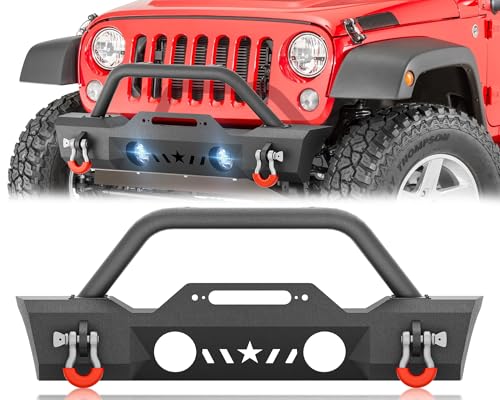 YZONA for Wrangler JK JL & Gladiator JT Stubby Front Bumper Compatible with 2007-2025 Jeep Wrangler JK JL JKU JLU Unlimited & Gladiator JT with Winch Plate, Bull Bar, OE Fog Light Holes, D-rings
