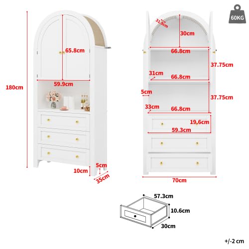 STAPERFO Armoire haute étroite avec 3 tiroirs et étagère ouverte - Armoire de rangement comme armoire polyvalente, armoire de cuisine ou buffet pour salon, forme arquée, MDF blanc, 70 x 35 x 180 cm