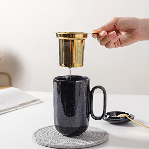 Vicrays Ceramic Tea Cup Mug Infuser Large 16 Oz Hot Loose Steeping Handle Teacup With Leaf Infuser Spoon Lid - Blue Tall Glazed Strainer Coffee Mug Microwave Safe - Blue #TOP5