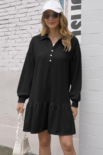 Women's Casual Dresses Long Sleeve Button V Neck Sweatshirt Dress Lapel Collared Pullover Dress2