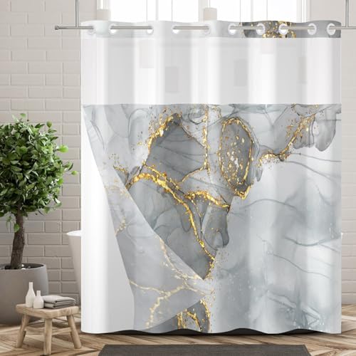 Ttincceer Cortina de Ducha Decorativa de Doble Capa Efecto mármol Gris y Dorado sin Ganchos con Forros a presión Impermeable para bañera, con Ventana Superior Transparente 180x188cm
