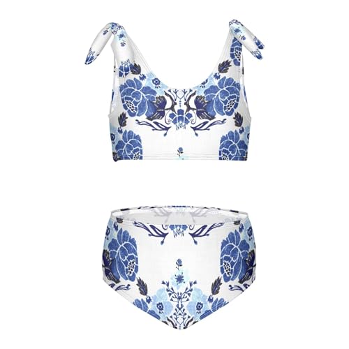 Girls Classic Chinoiserie Blue Floral Pattern Swimsuit Two Pieces Bikini Set Bathing Suits Swimwear Crop Top Swimsuit Set