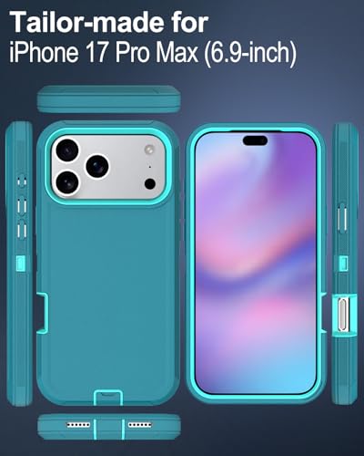 Image of for iPhone 17 Pro Max Case with Port Cover, Rubber Matte, Teal | 3-Layer Heavy Duty Armor, 16ft Drop Protection, Non-Slip Shockproof & Anti-Fingerprint