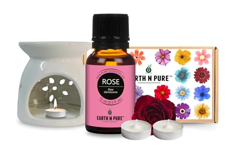 Image of Earth N Pure Diffuser Gift Set | Pack of - 1 Rose Essential Oil Therapeutic Grade - 15ml, 1 Ceramic Aroma Diffuser /Burner, 2 Tealight Candles | for Home Decor