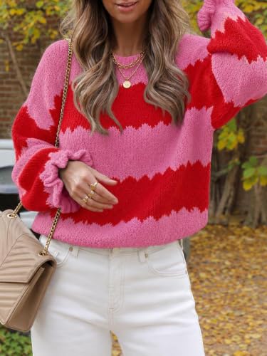 Striped Sweater Women Color Block Ruffle Long Sleeve Sweater Pullover Tops - image 4
