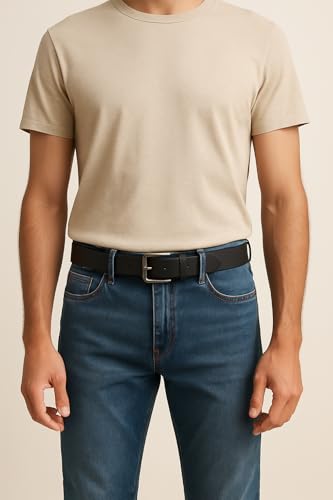 Image of TBCC LEATHER Men's Black Belt /Genuine Leather /Waist Sizes 34 & 36 Inches /Durable Metal Buckle /for Casual & Formal Wear