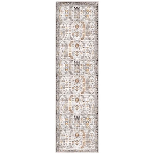 Madane Washable Runner Rug - 2x6 Rug Runners for Hallways 6 Feet Non Slip Vintage Kitchen Runner Rug Ultra-Thin Bathroom Runner Rugs Carpet Laundry Room Bedroom (2x6ft, Brown/Gold)