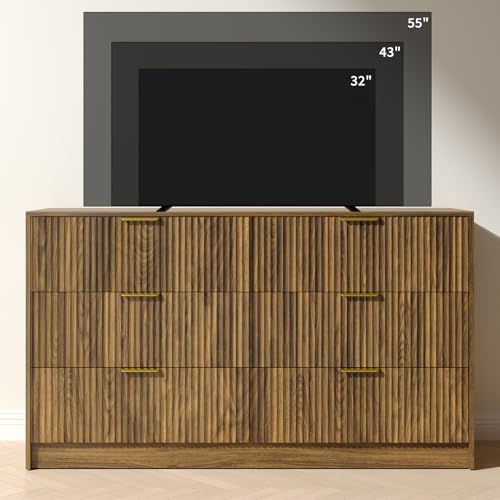 Image of Walnut 6 Drawer Dresser Bedroom,55 inch Wide Fluted Dresser Wood with Gold Handles,Mid Century Wooden Chest of Drawer for Closet,Bedroom,Living Room,Walnut