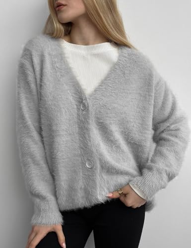 Image of COZYPOIN Womens Fuzzy Cardigan Sweater V Neck Button Down Soft Knit Coat | Loose, Comfy, Slouchy Drop Shoulder, Long Sleeve Fluffy Mohair, Warm, For Daily Work Holiday, Spring Fall Winter Fashion