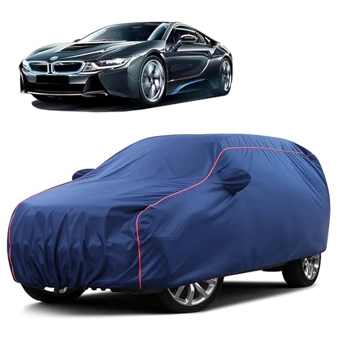 Image of Sulfar 100% Water Resistant Car Body Cover Compatible with Mirror for BMW i8 (Triple Stitched, Full Bottom Elastic, Blue Taffeta with Red Piping)