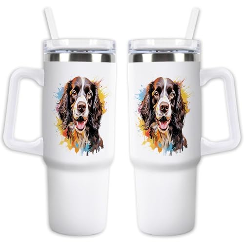 GABSHAIM Smiling English Springer Spaniel Dog Tumbler, Double-Walled Iced Stainless Steel Coffee Cup, 40oz Hot Travel Mug with Handle Straw & Lid, Double Sided Style 2