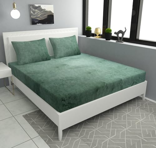 Image of Sands Flannel 300 TC Luxurious Bedsheets for Winter, King Size Fitted Warm Double Bedsheet, 72 x 78 x 10 inches, with 2 Pillow Covers (Green)