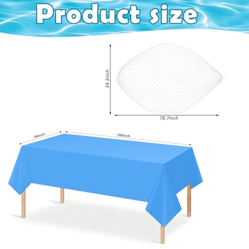 Image of 3 Set 6 Pcs Fish Net and Tablecloth Set,Cotton Fishnet and 3 Blue Color Disposable Plastic Table Cover for Mermaid,Baby Shower,Birthday,Ocean Pirate Under the Sea Party Decorations,54 X 108Inch