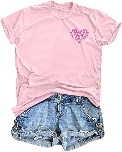 Breast Cancer Shirts Women: Pink Ribbon T Shirt Breast Cancer Awareness Tee Cancer Support Causal Embroidery Graphic Tops